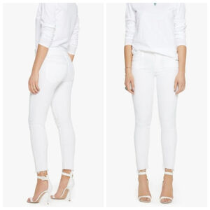 Mother Skinny Looker Ankle Fray White Jeans Glass Slipper Crop Cropped Frayed 25